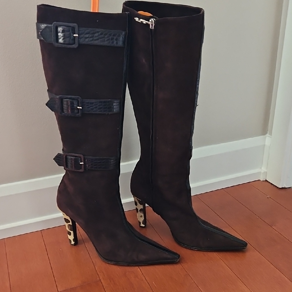 Valentino Brown Suede Leopard Print Heeled Knee-High Boots